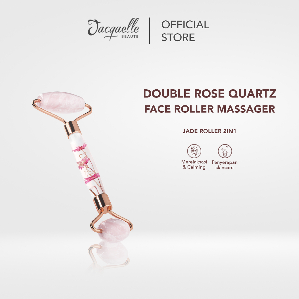 Jacquelle Double Rose Quartz Face Roller - 2in1 Jade Roller Wajah - Relaksasi & Memaksimalkan Penyer