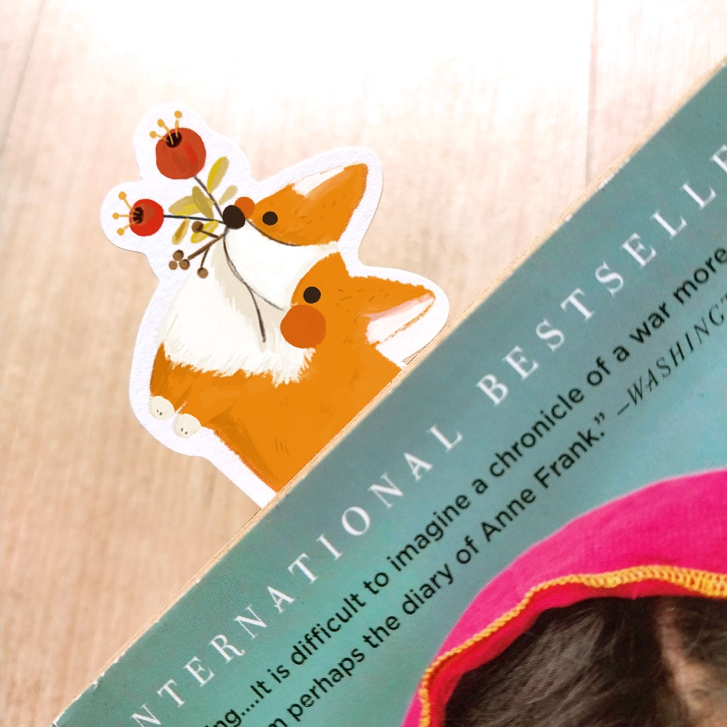 

Bookmark corgi bunga poppy pembatas buku bergambar anjing lucu