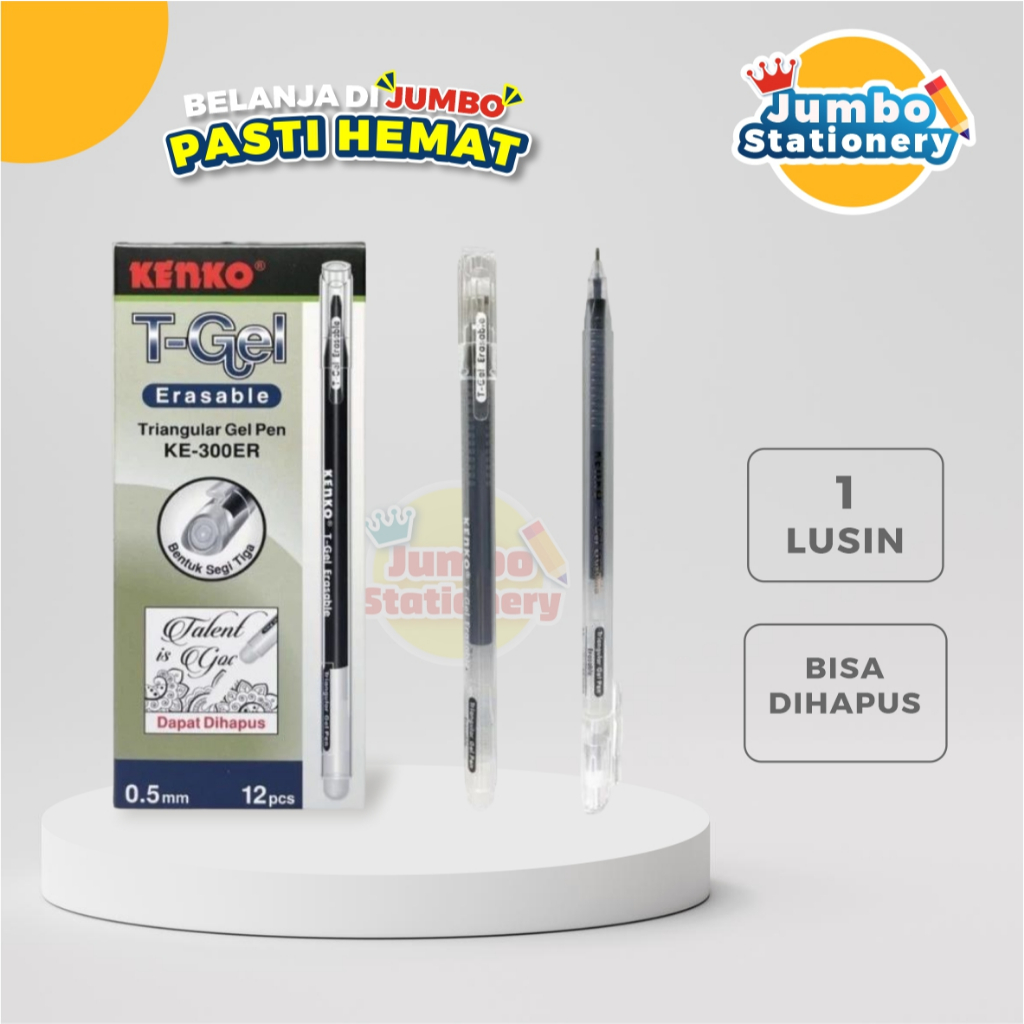 

1 Pak isi 12 pcs Gel Pen Erasable Kenko KE-303ER T-Gel Triangular Black 0.5MM Pulpen Bisa Dihapus
