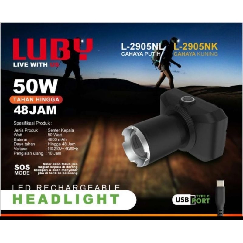 Senter Kepala Zoom Luby 50 Watt Cahaya Putih - Senter Zoom Termurah