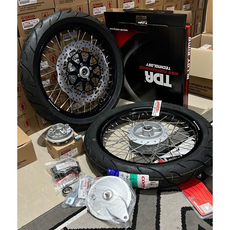 PAKET VELG TDR 160/185 ring 17 SET TROMOL JUPITER DEPAN BELAKANG RXKING ORIGINAL BAN CORSA TERMINATO