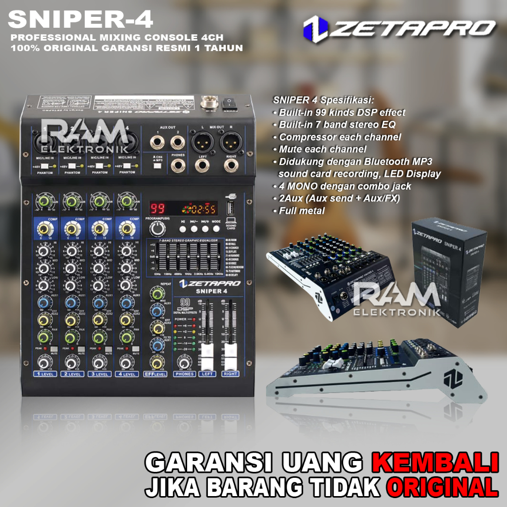 Mixer 4 Channel ZETAPRO SNIPER 4 | SNIPER4 Bluetooth USB Soundcard Original