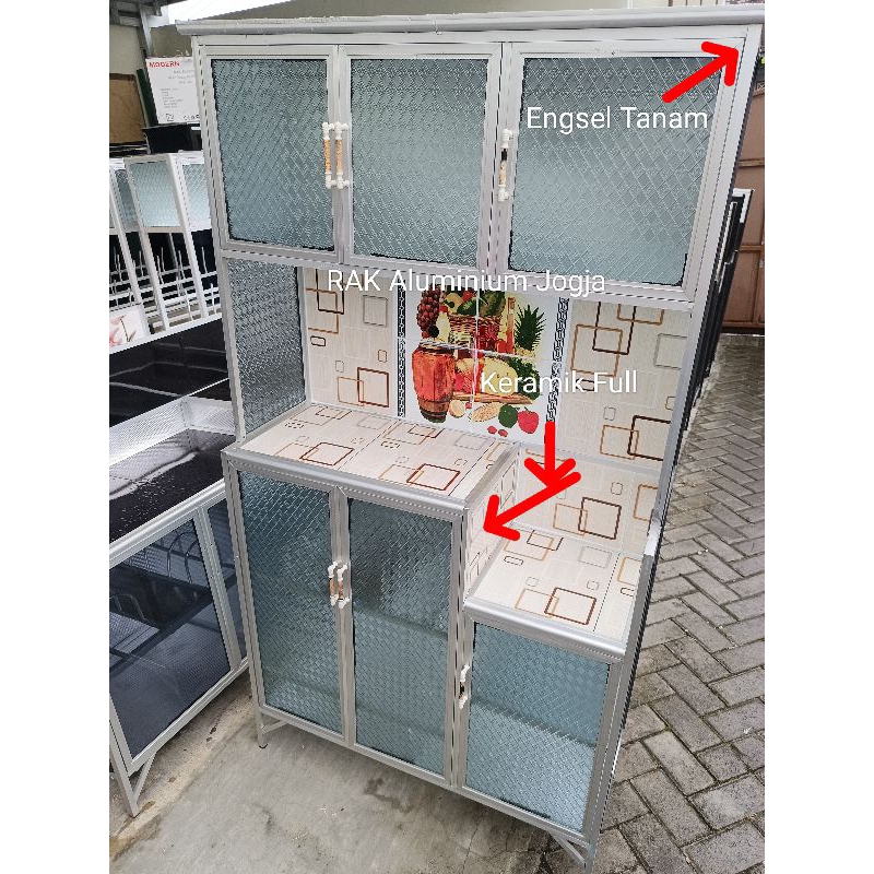 Rak piring aluminium Lemari Dapur keramik full plat bawah dan belakang Tinggi 170