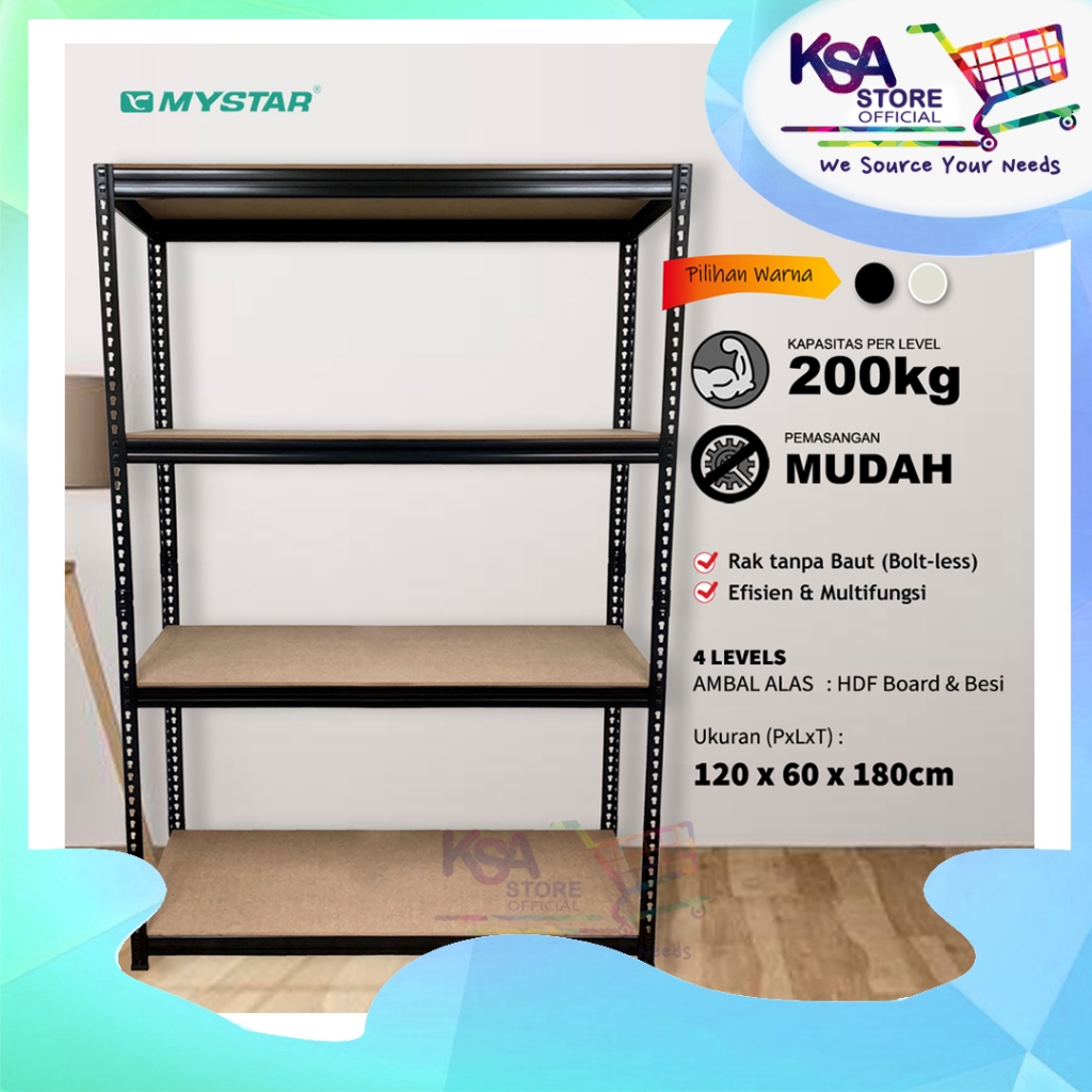 Mystar Rak Besi 600MM X 1200MM X 1800MM (4 LEVELS) MDF (BLACK)