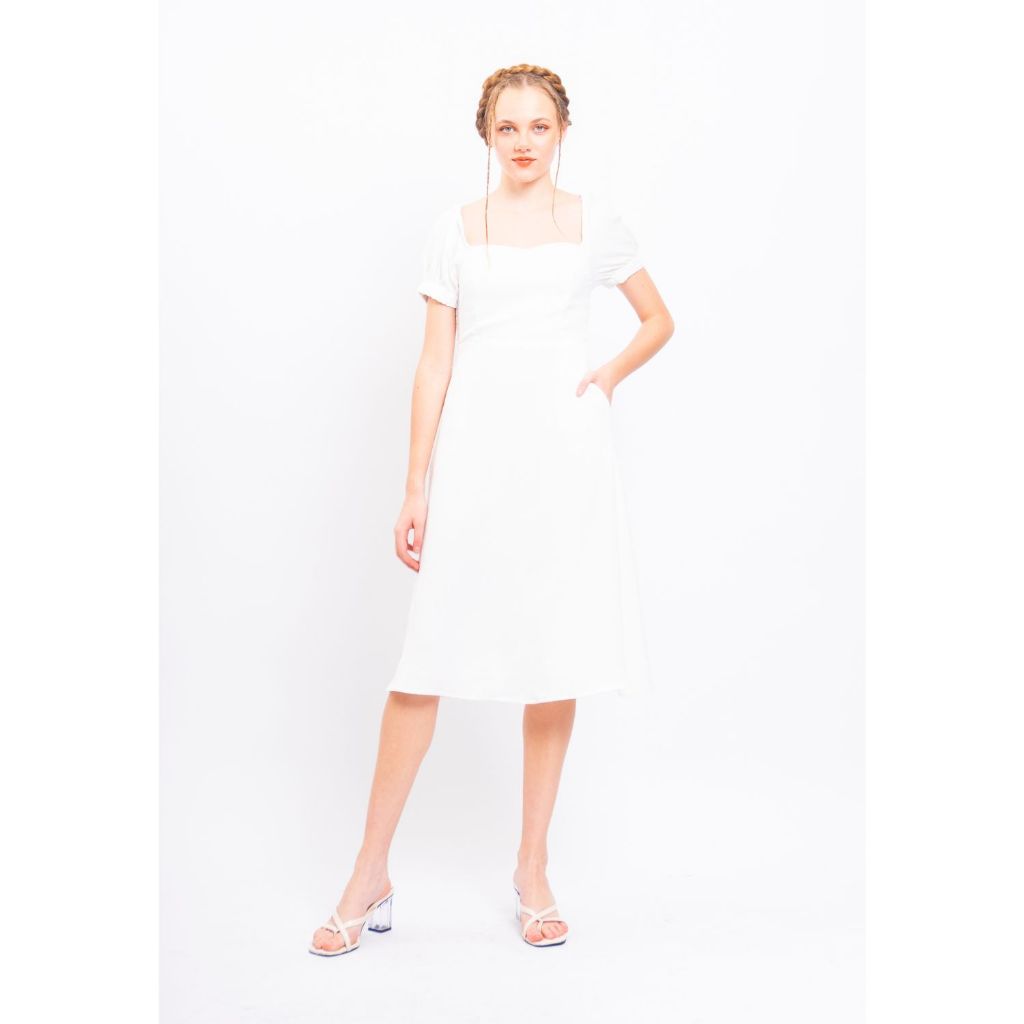 Seutail Bielle Dress Gaun Midi Lengan Puff, Square Neck untuk Gaya Casual & Formal - 010254