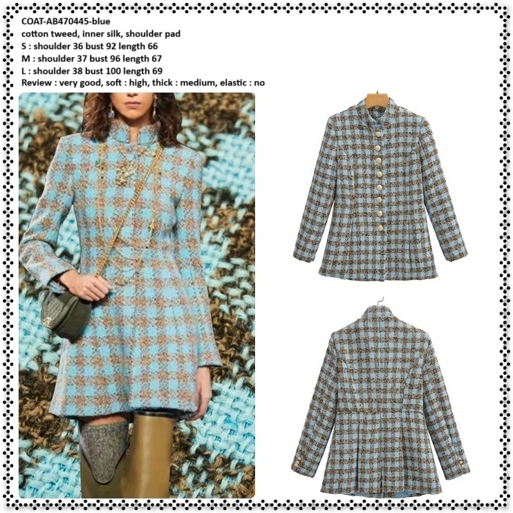 AB470445 Coat Blazer Blezer Katun Tweed Kotak Wanita Korea Import Blue Biru