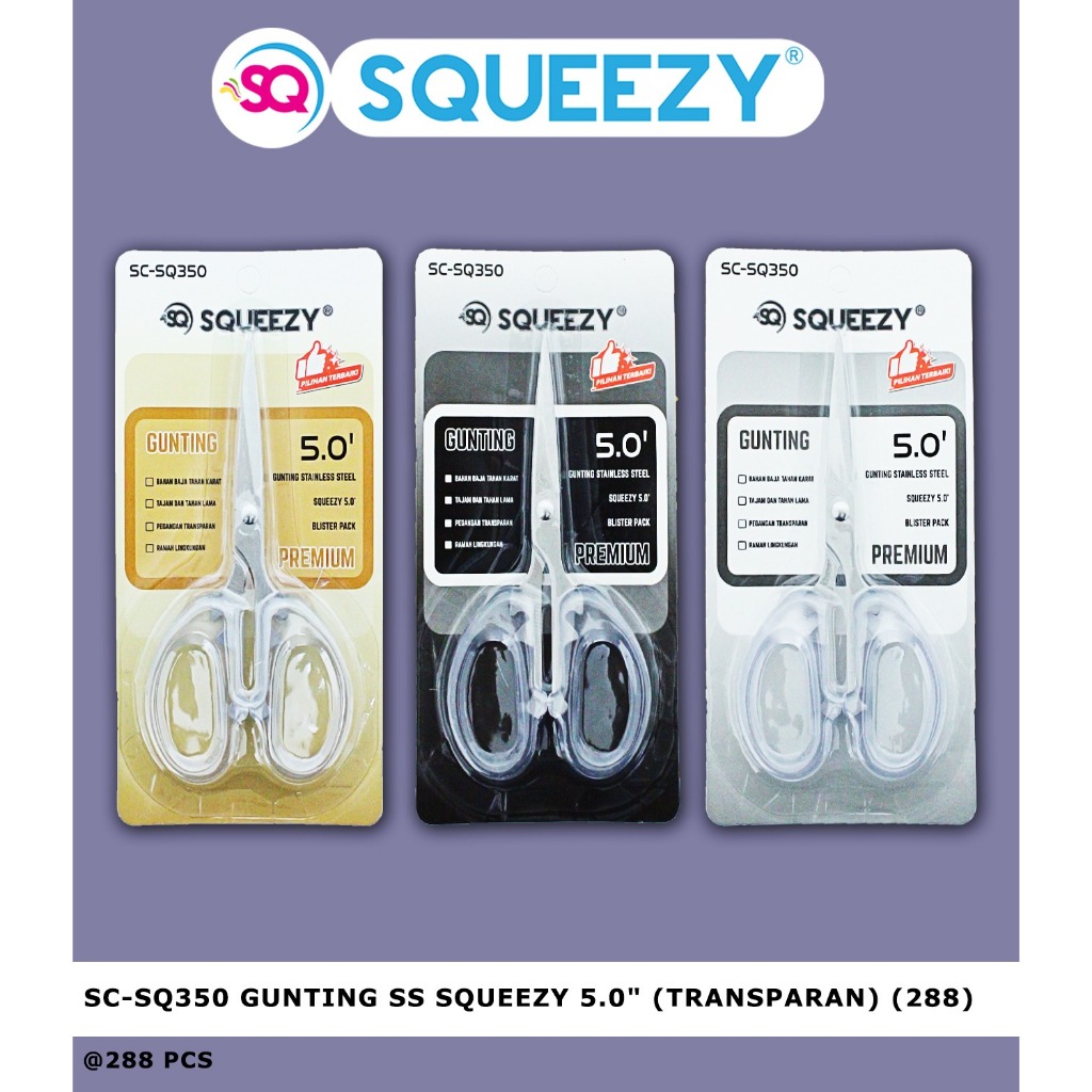 

gunting transparant bening squeezy satuan plus blister tajam ukuran kecil 4.5 inch/ sedang 5 inch / besar 6 inch