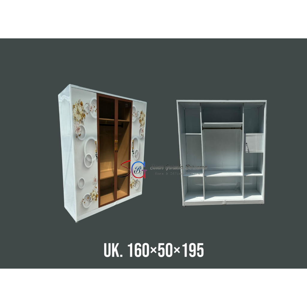 [PLAT BESI] LEMARI PAKAIAN 4 PINTU DENGAN PINTU KACA DITENGAH + GANTUNGAN BAJU + RAK RAK BAJU + RAK 