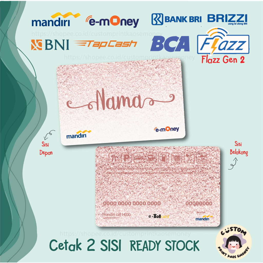 KARTU E MONEY E TOLL CUSTOM NAMA GLITTER PINK WHITE PUTIH PINK MANDIRI EMONEY BNI TAPCASH BRI BRIZZI