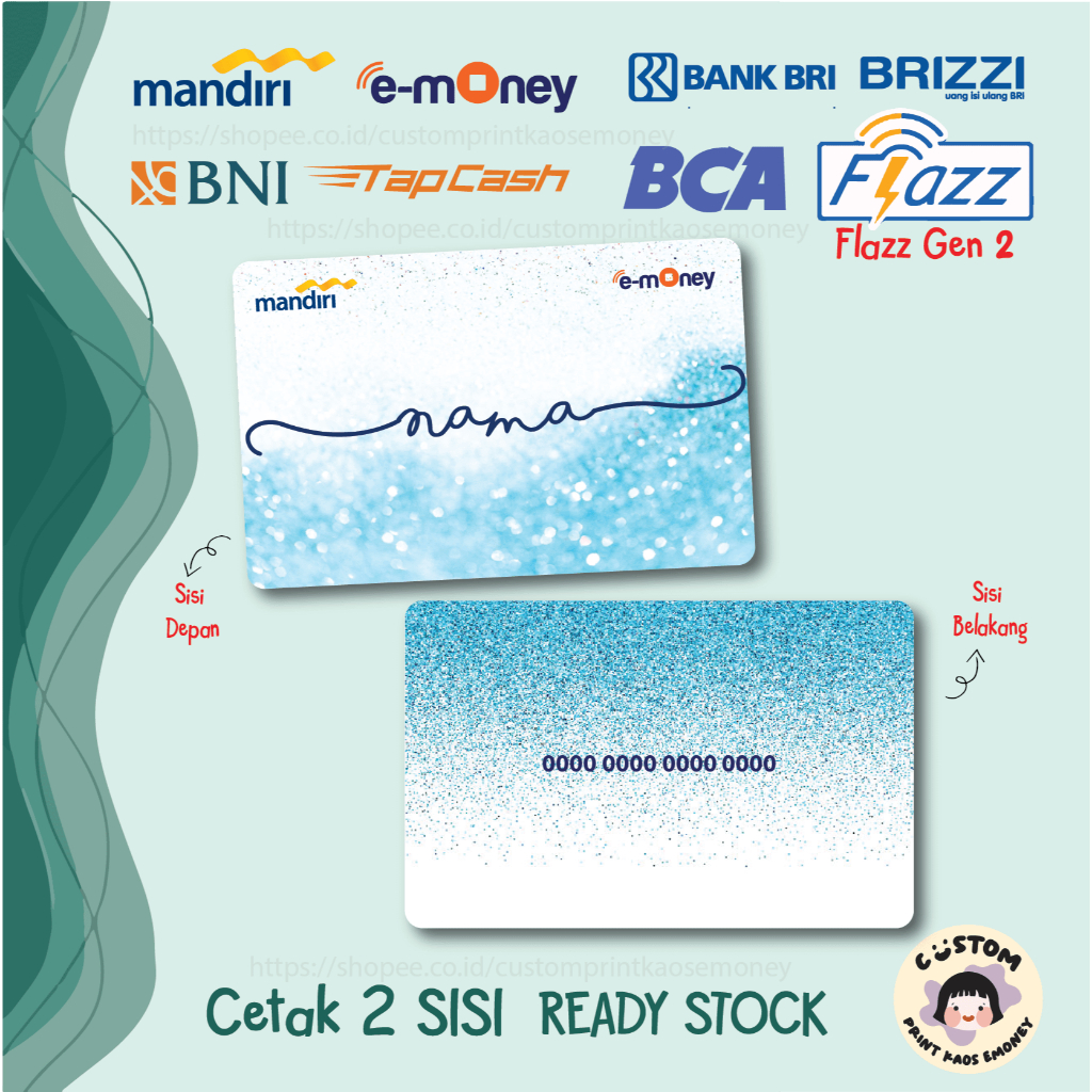 KARTU E MONEY E TOLL CUSTOM NAMA GLITTER BLUE WHITE BIRU PUTIH MANDIRI EMONEY BNI TAPCASH BRI BRIZZI