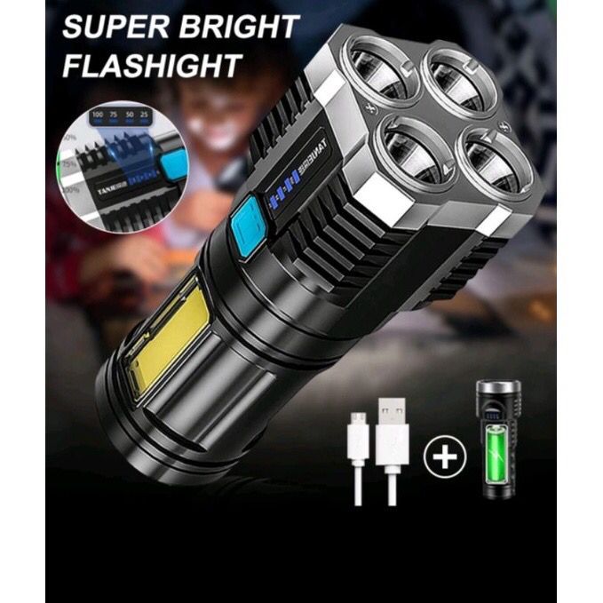 COD ✅ Lampu Emergency Senter LED 4 Mata COB Mini Rechargeable Senter Outdoor