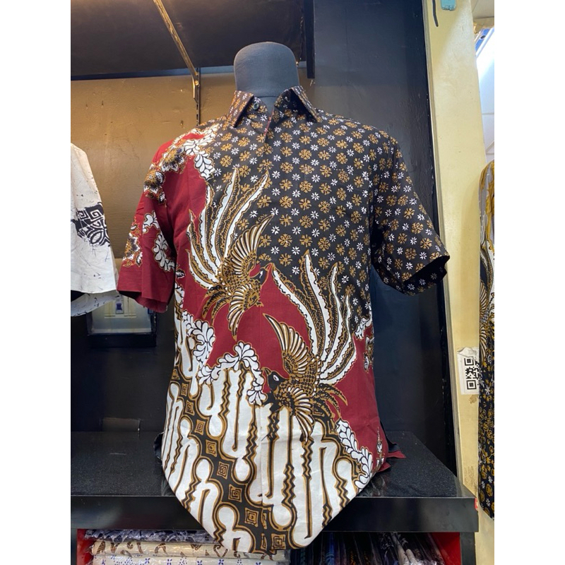 kemeja Batik Pria Lengan Pendek Kombinasi Tulis Bahan Katun Primis Super Premium putih hitam MZ08