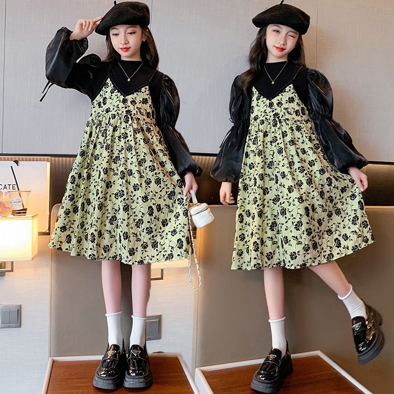 (4-9Tahun) Dress Pesta Anak Tangung Overall Lengan Balon Motif Bunga Lucu Premium