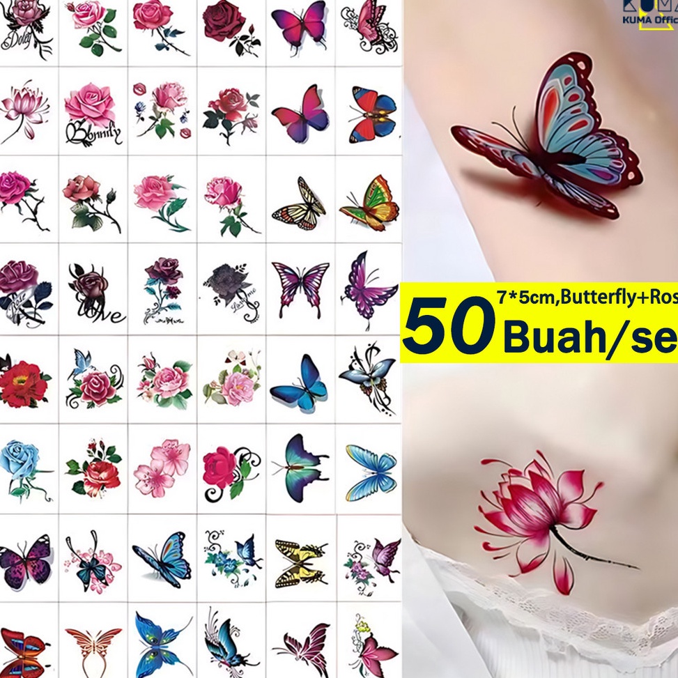 11 Brand KUMATATTOO 224 ARTIST 5PCSSet stiker tato Animasi 3D  Bunga  Kupukupu  Mawar  Kartun FRUIT 