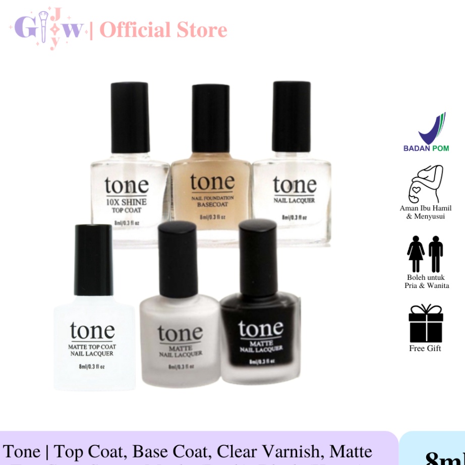 V44859 TONE top coat base clar varnish  bening snowy mochi black hitam matte top coat kuteks kutek k