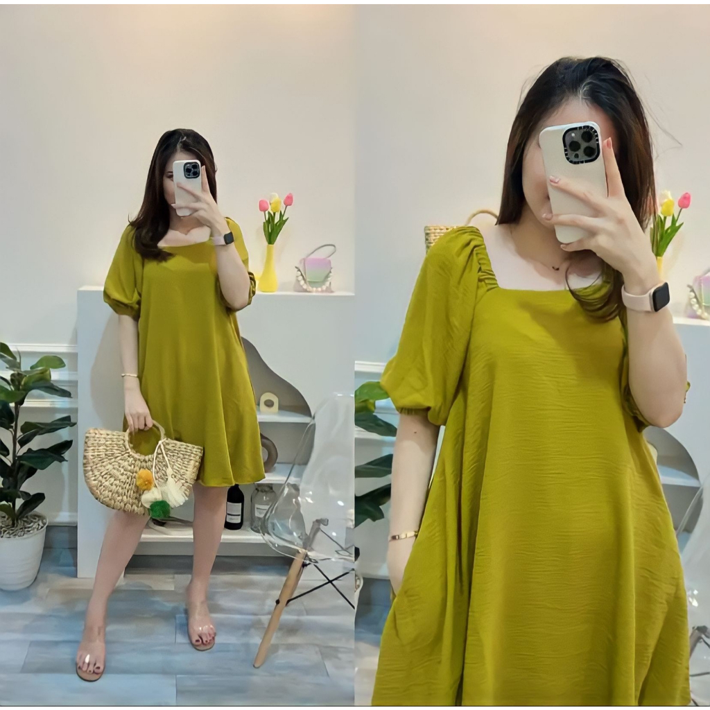 Masayu Baju Dress Midi Gaun Wanita Panjang Casual Muslimah Airflow Crinkle / Dress Polos Pendek / Dr