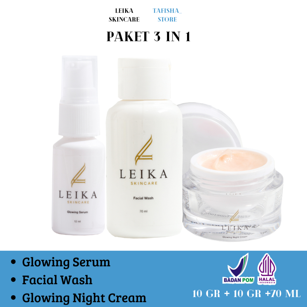 PAKET 3 IN1 LEIKA SKINCARE GLOWING NIGHT  CREAM FACIAL WASH GLOWING SERUM PENGHILANG FLEK HITAM
