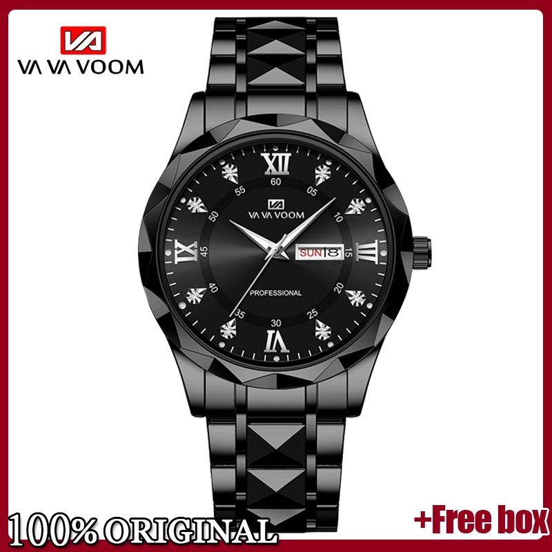 VAVAVOOM Jam Tangan Pria Jam Tangan Asli Kuarsa Analog Baja Tahan Karat Rantai Mewah