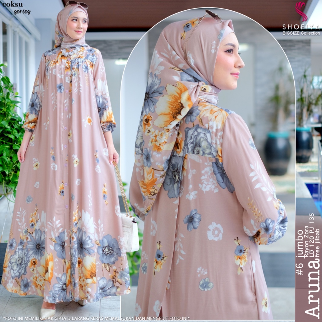 aruna6 baju gamis pakaian dress maxy set jilbab ld 120 xxxl rayon zoya premium kekinian terbaru cod
