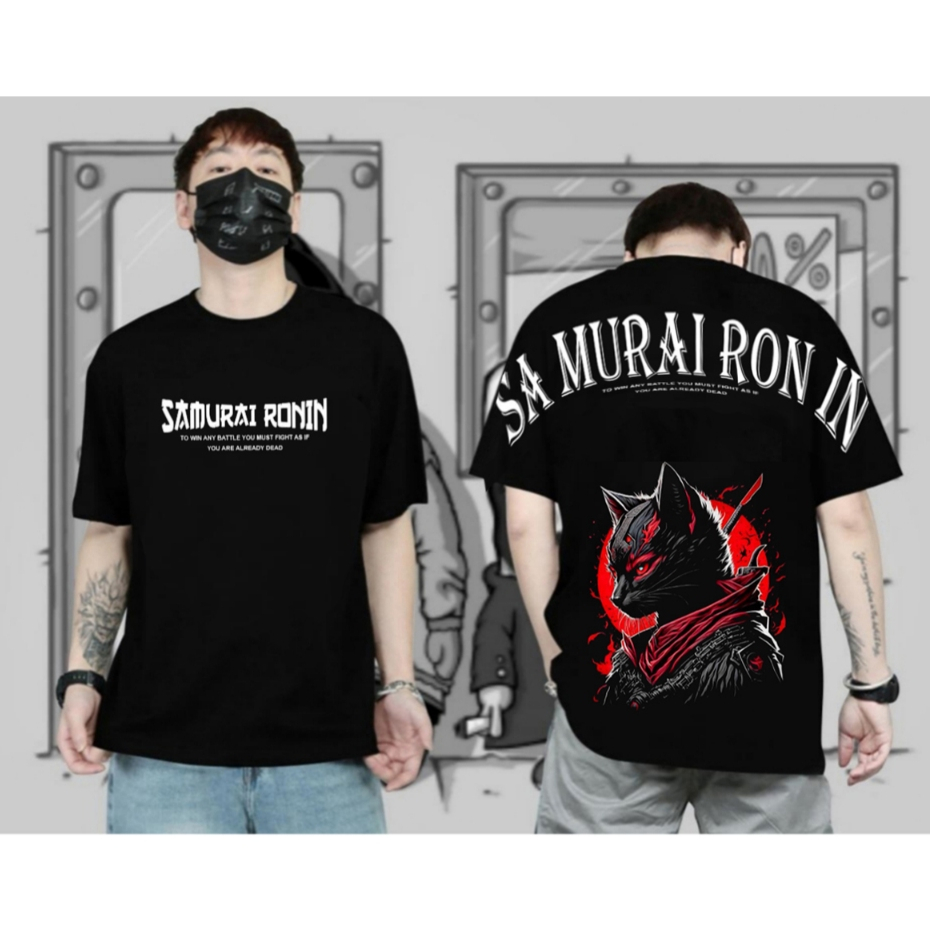Kaos Distro pria Kaos Motif Samurai Ronin Hitam Baju Kaos Lengan Pendek Keren Kaos Kata Kata Viral A