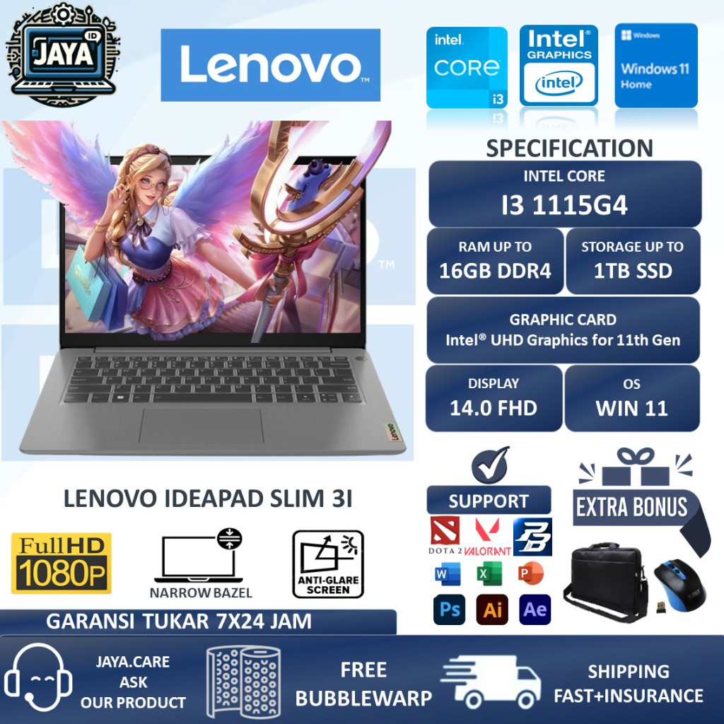 Laptop Murah Lenovo Slim 3i Intel Core i3 1115G4 Ram 20GB DDR4 1TB SSD WIN11HOME