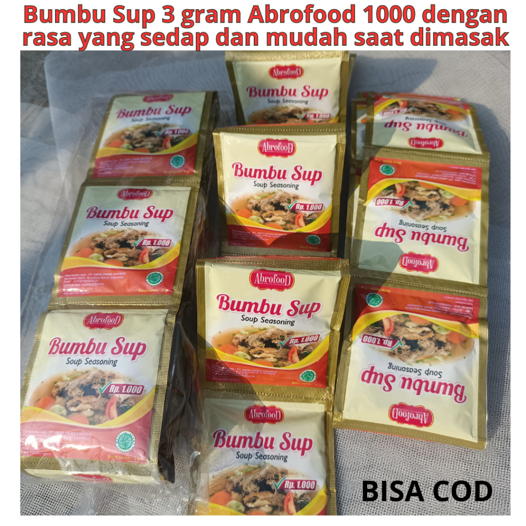 

Bumbu Sup 3 gram Abrofood 1000 dengan rasa yang sedap dan mudah saat dimasak