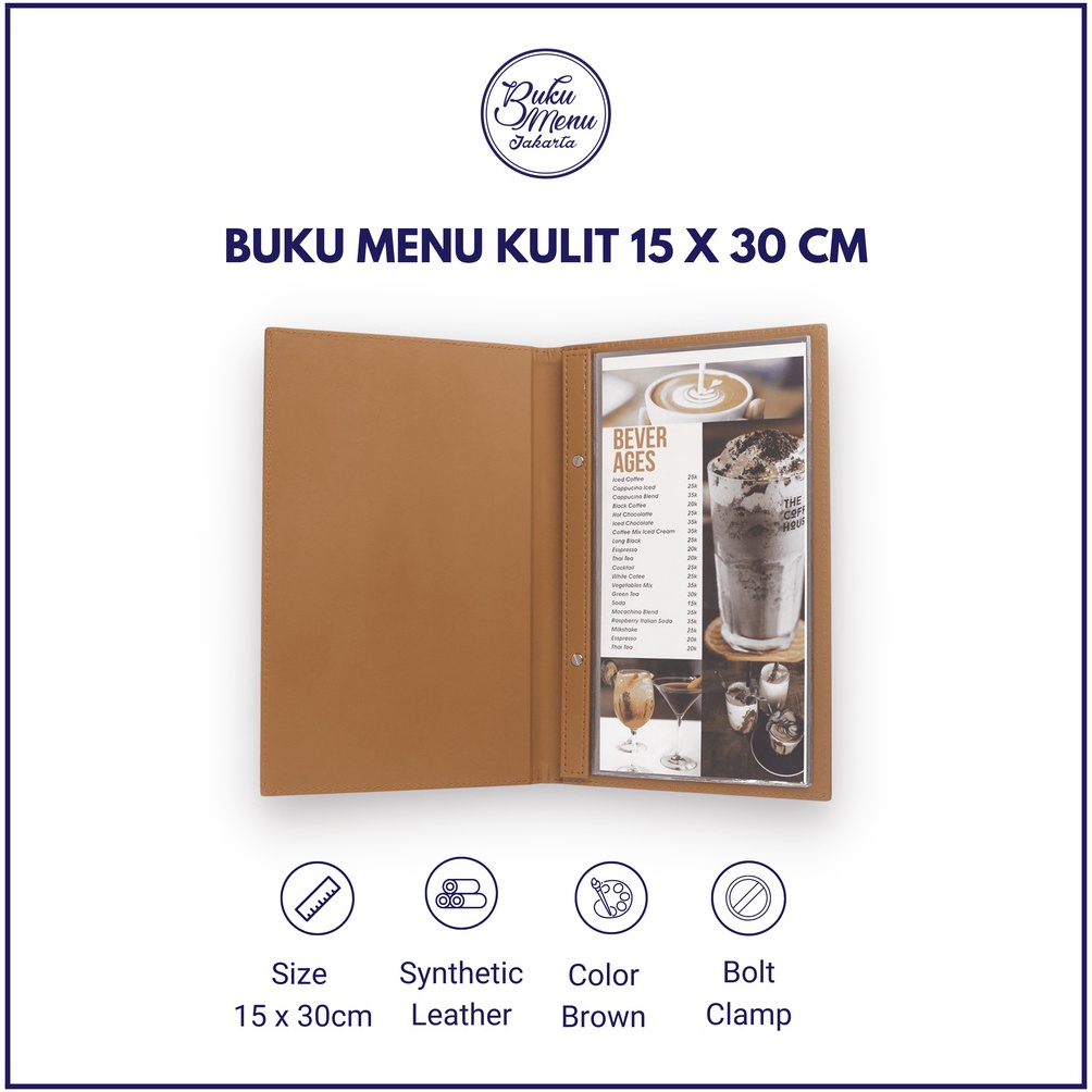 

KODE E82F BUKU MENU CAFE KULIT LEATHER ISI PLASTIK 15X3cm COCOK UNTUK COFFEE SHOP RESTORAN BISTRO LOUNGE