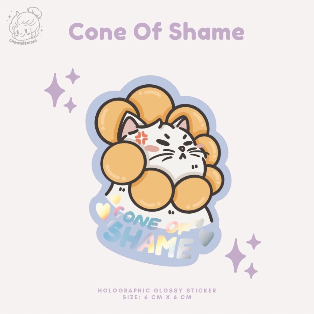 

Cone Of Shame" Holographic Glossy Sticker | Diameter 6,5 cm | Stiker Kucing Lucu Deco Hiasan Kartun