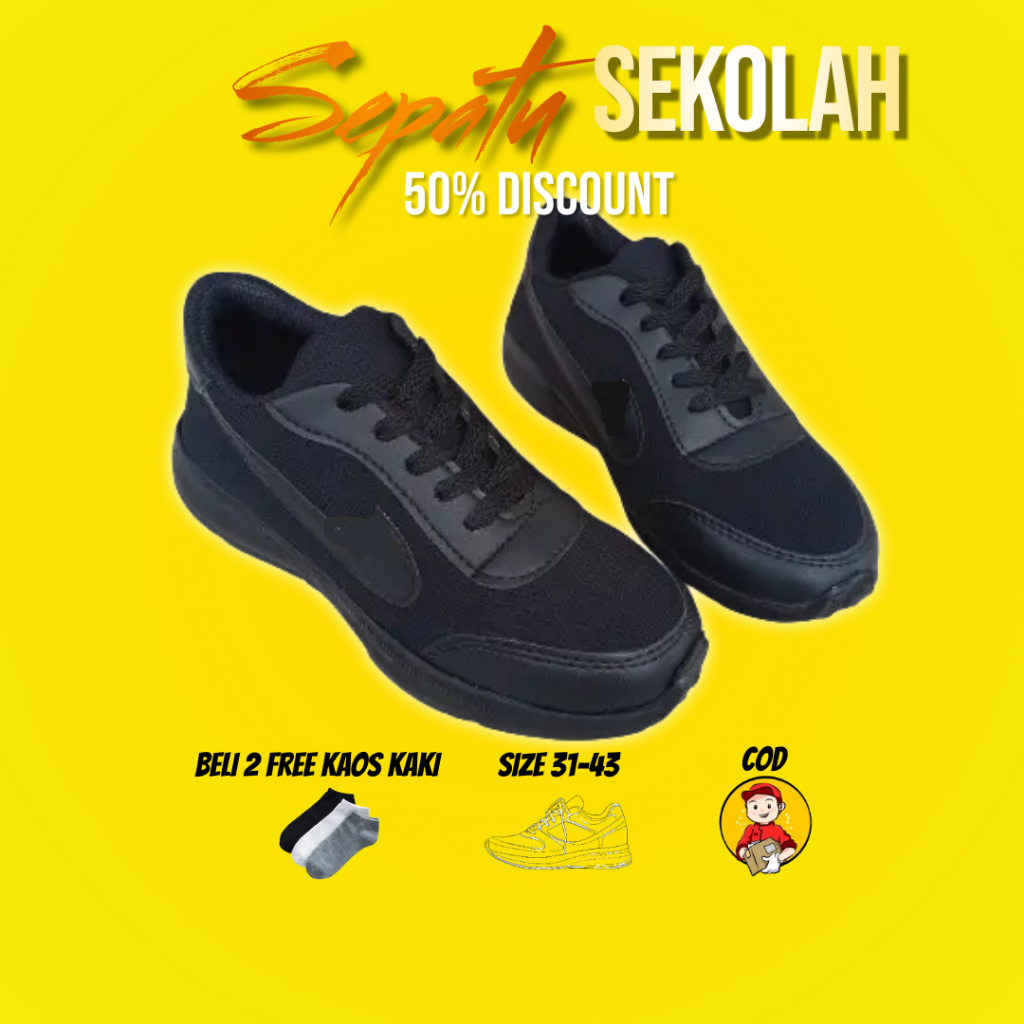 SEPATU SEKOLAH HITAM POLOS TALI SD SMP SMA SEPATU SNEAKERS ANAK LAKI LAKI PEREMPUAN
