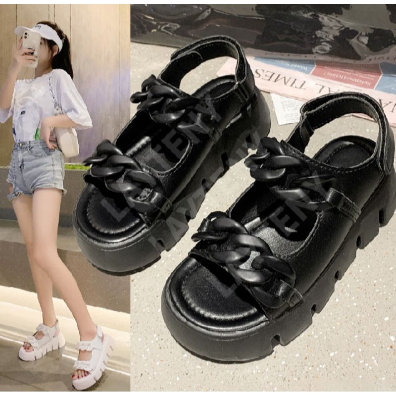 Sandal Gladiator Jelly Wedges Wanita Import Tali Rantai Dua