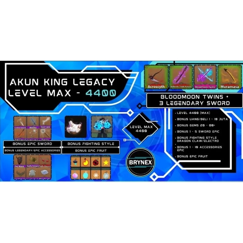 Akun King Legacy Level MAX - Bloodmoon Twins Mythical Sword + 3 Legendary Sword + Bonus
