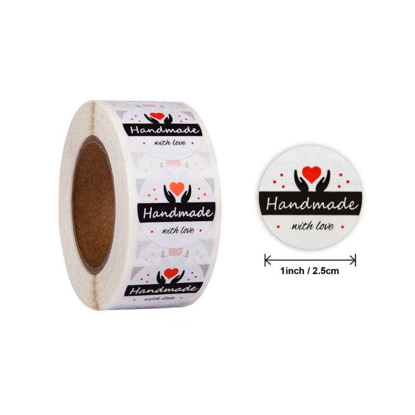 

HM002 Per Pcs Sticker Label Logo Tempel Handmade With LOVE Kapital White Heart Bulat D 2.5 Cm Seal