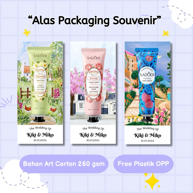 

Alas Packing | Souvenir Handcream Series | Alas Packing Souvenir Hand cream | Paper Aksesoris | FREE PLASTIK | Kertas Dudukan | Cute Paper | Alas Packaging