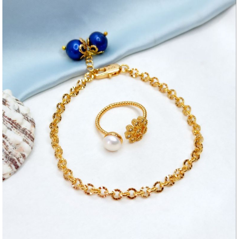 PAKET GELANG CINCIN MUTIARA ASLI AIR TAWAR LOMBOK RANTAI RHODIUM LAPIS EMAS