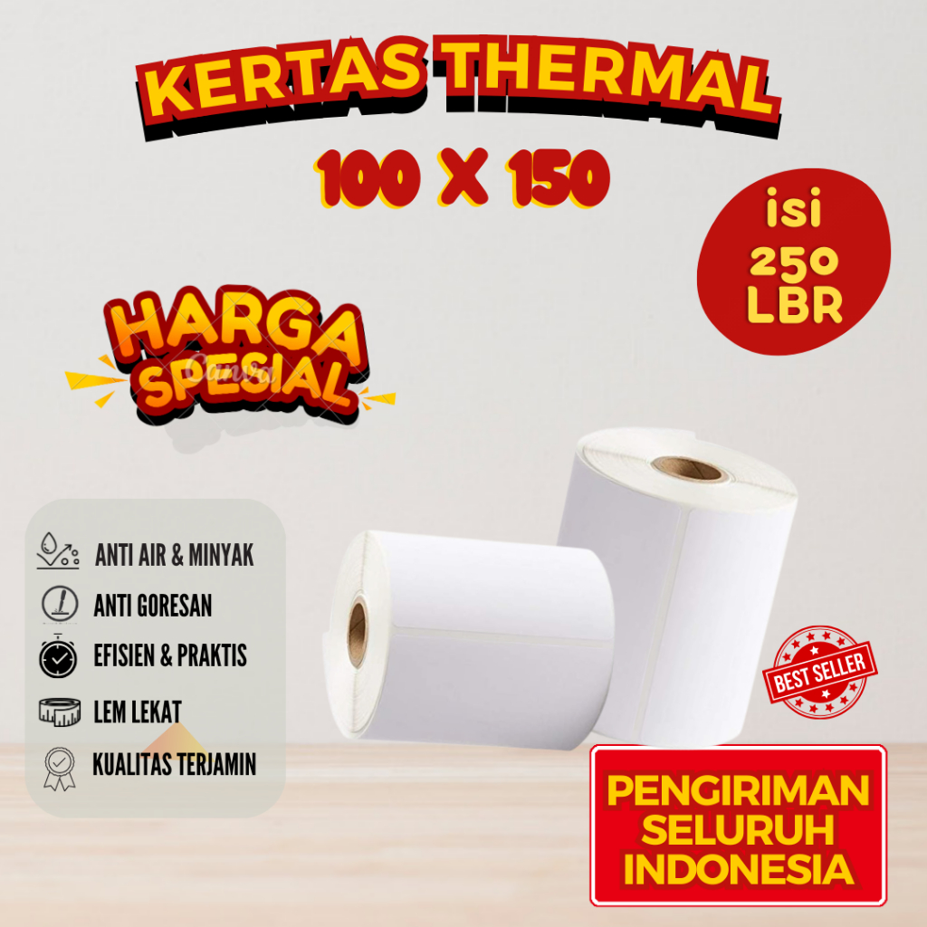 

KERTAS THERMAL 100X150 MM 250 PCS / LABEL RESI STICKER BARCODE A6