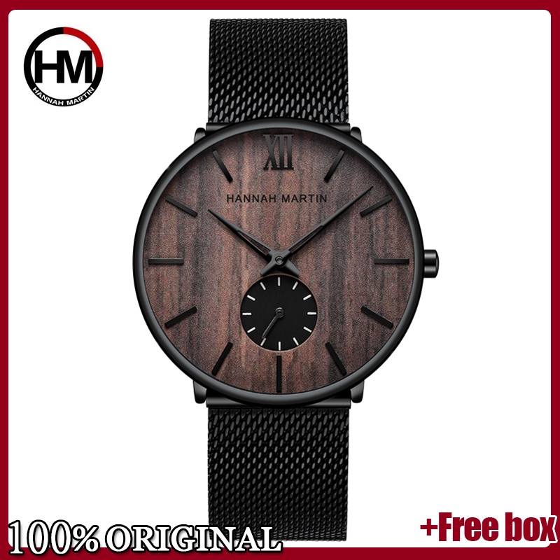 HANNAH MARTIN Jam Tangan Pria Ultra Tipis 100% Log Jam Tangan Pria Kasual Antik Jam Tangan Kuarsa