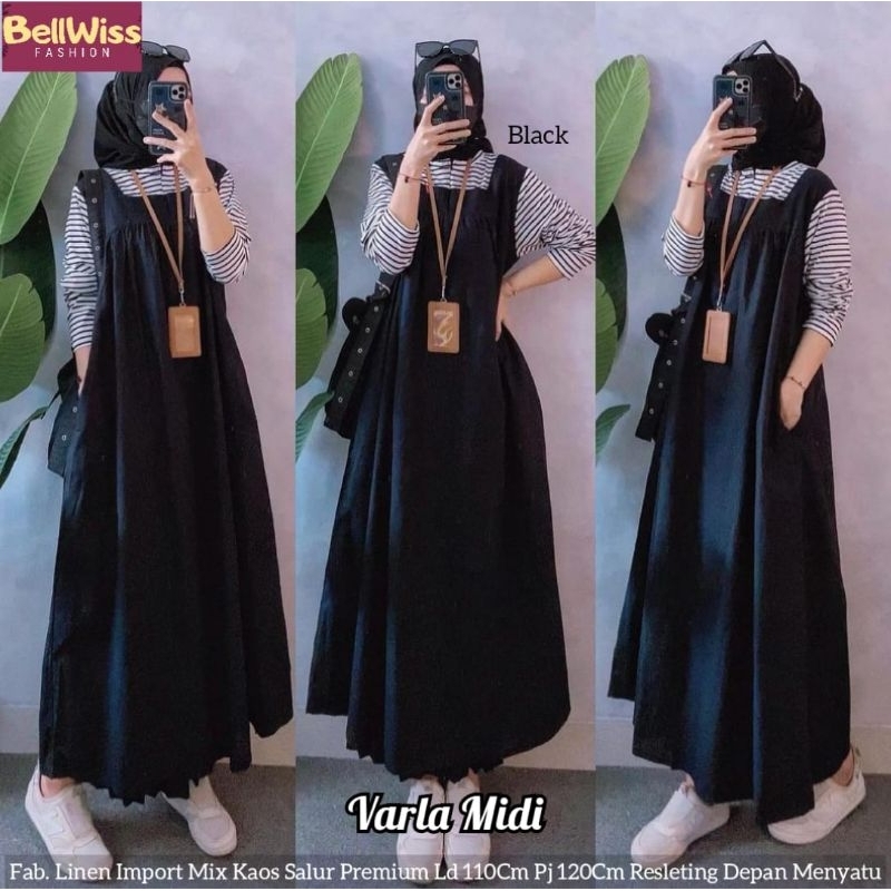 Gamis midi dress wanita VARLA MIDI bahan linen import mix kaos salur premium,resleting depan menyatu