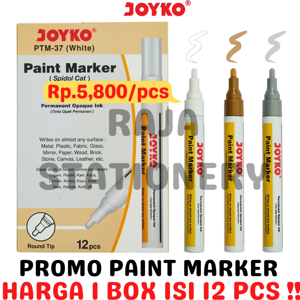 KODE P74A JOYKO PERMANENT PAINT MARKER WHITE GOLD SILVER BLACK SPIDOL KACA CAT PUTIH EMAS ABU HITAM 