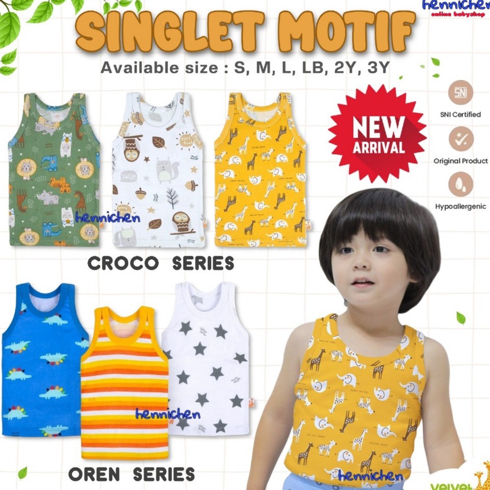 Diskon sd 3  3pcs Oblong Kutung Print Motif Singlet VELVET Terbaru adem Singlet Kaos dalam Anak