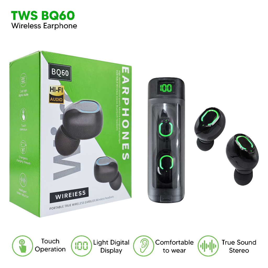 TWS BQ60 Headset Bluetooth Earphone Wirelles Stereo Bass Kualitas Bagus Handsfree Bluetooth Sport