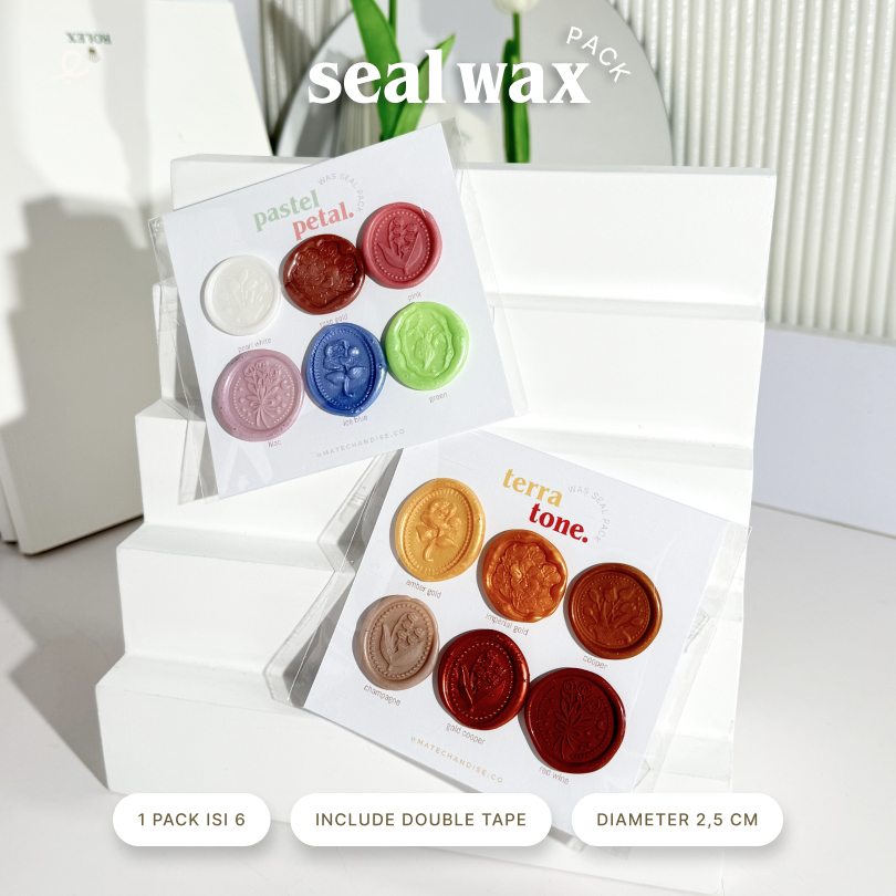 

Seal wax pack | 2,5 cm | 1 Pack isi 6 | 12 warna | 6 Design | Termasuk double tape