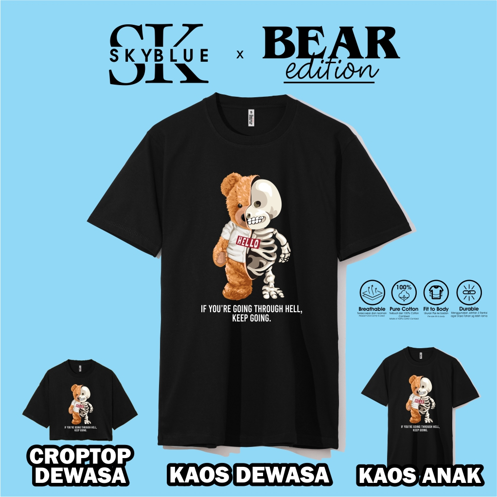 OFFICIAL SKYBLUE kaos baju atasan t shirt TEDDY BEAR HELLO combed 30s oversize croptop cowok cewek p