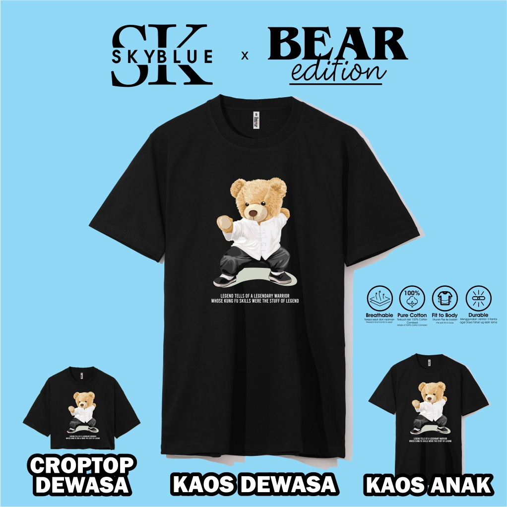 OFFICIAL SKYBLUE kaos baju atasan t shirt TEDDY BEAR KUNGFU combed 30s oversize croptop cowok cewek 