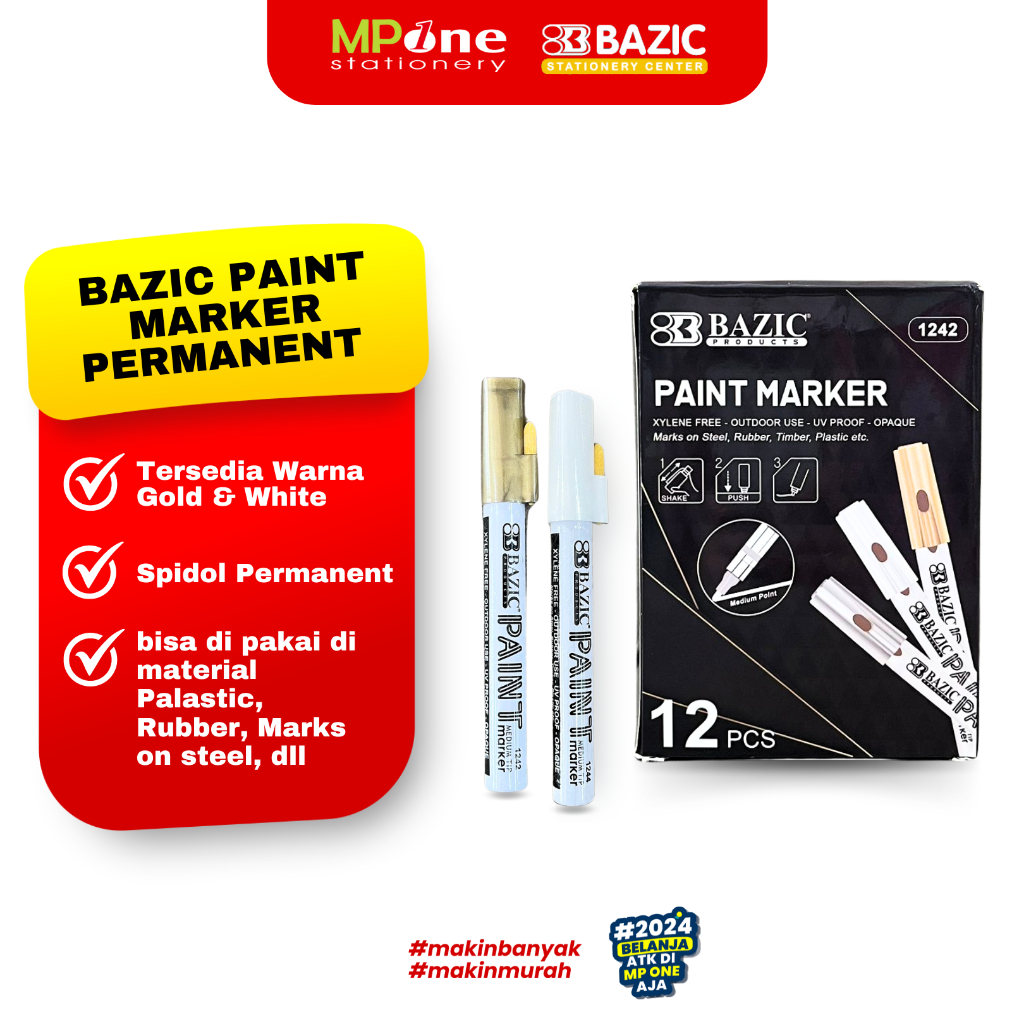 

Bazic Paint Marker Permanent Gold & White / Spidol Warna Gold 1242 & White 1244 Permanent Marker