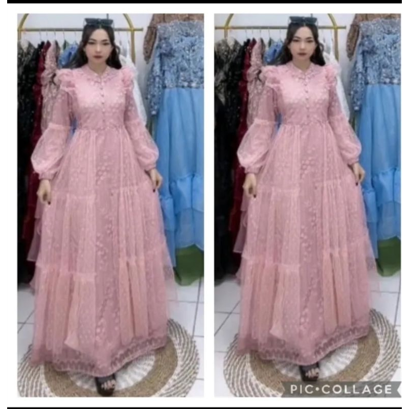 PROMO / BAHAN PREMIUM / Gamis Dress Jasmine Brukat Mix Tile Dot Busui Friendly