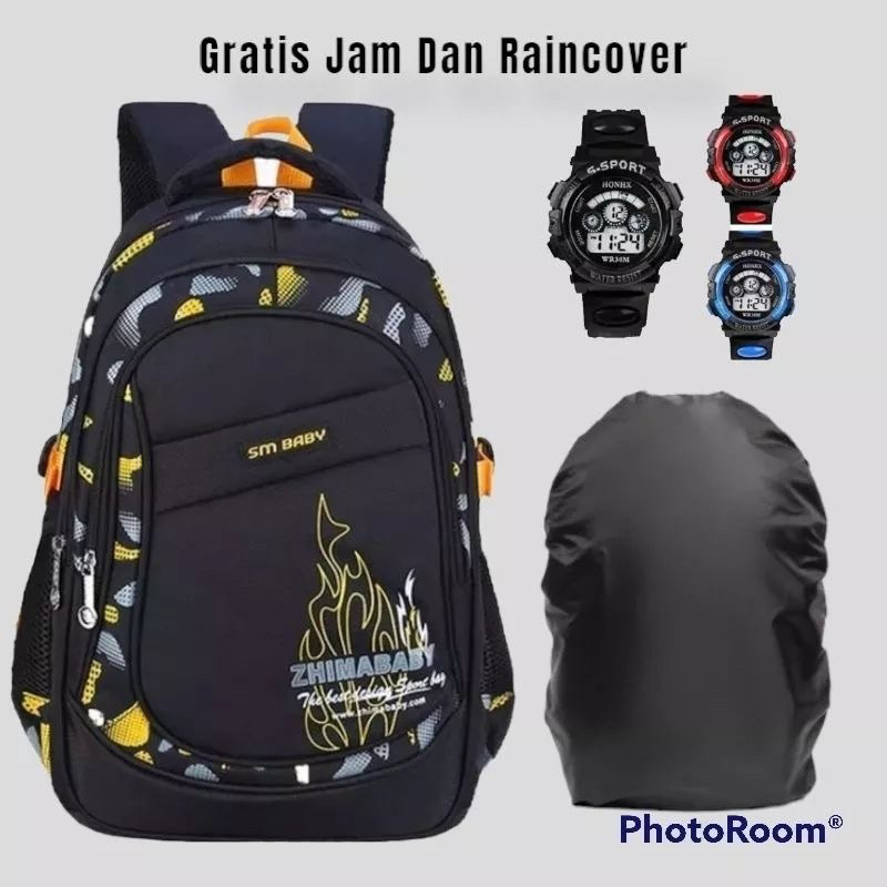 Paket 3 in 1 RANSEL ZHIMA BABY TAS RANSEL SEKOLAH LAKI LAKI SD GRATIS JAM + RAINCOVER