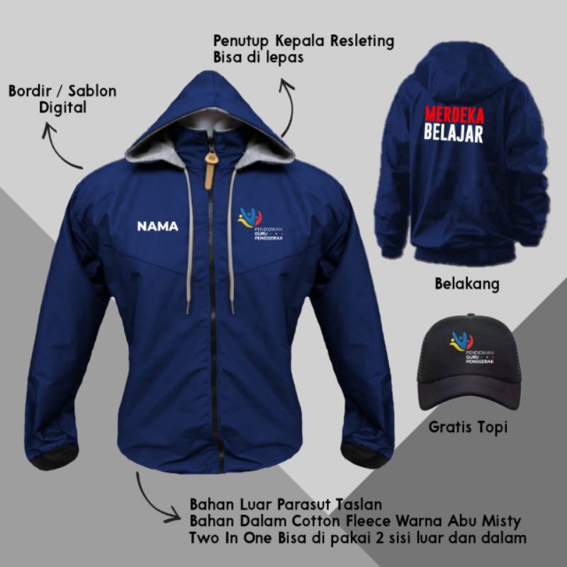 Jaket Parasut Logo Pendidikan Guru Penggerak Kurikulum Merdeka Belajar Custom Free Topi