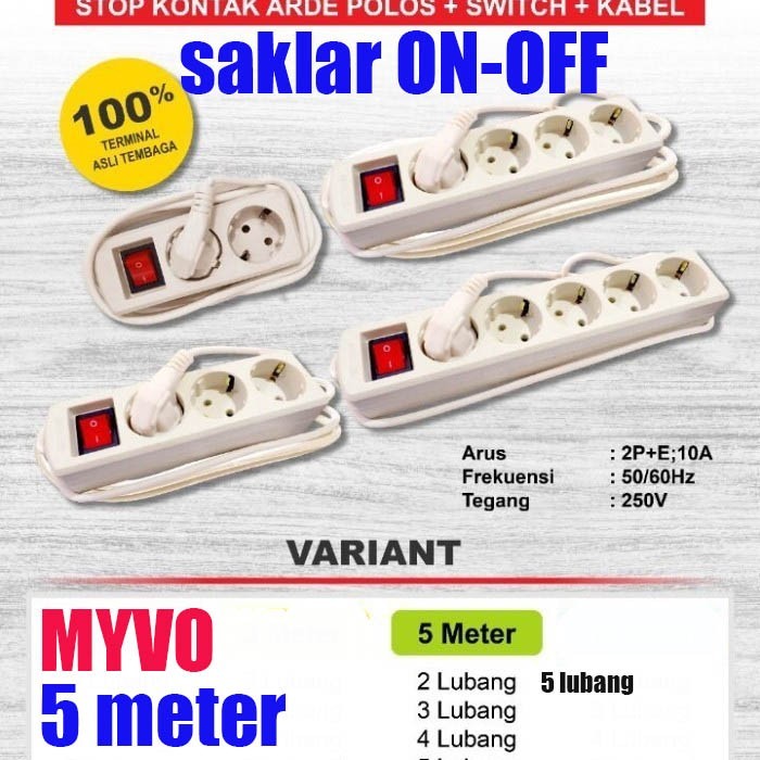 MYVO 5m StopKontak Kabel saklar 2 3 4 5 Lubang 5 Meter SNI switch on off