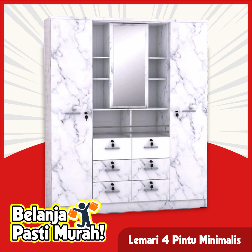 Lemari 4 Pintu Minimalis / Lemari Pakaian Murah / Lemari Kaca Sliding