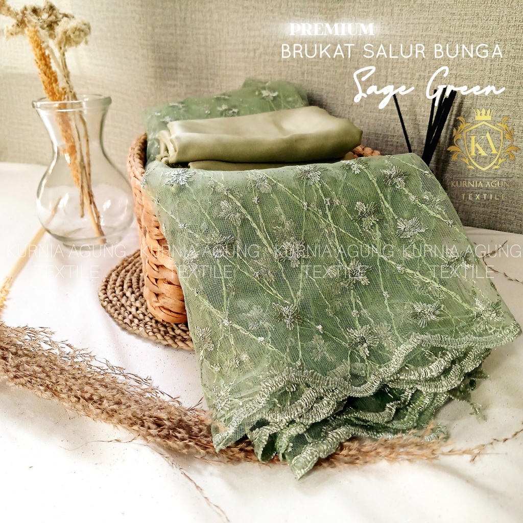 1/2 METER BROKAT TILE PRANCIS MOTIF SALUR DAUN WARNA SAGE GREEN BAHAN KEBAYA DRESS GAUN PREMIUM
